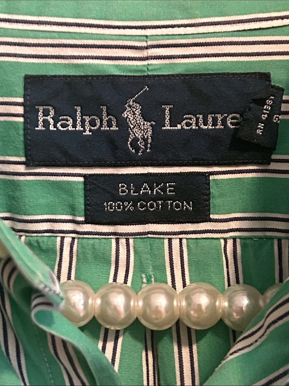 Vtg Polo Ralph Lauren Blake Shirt Mens L Green White Stripe 100% Cotton 90s Big
